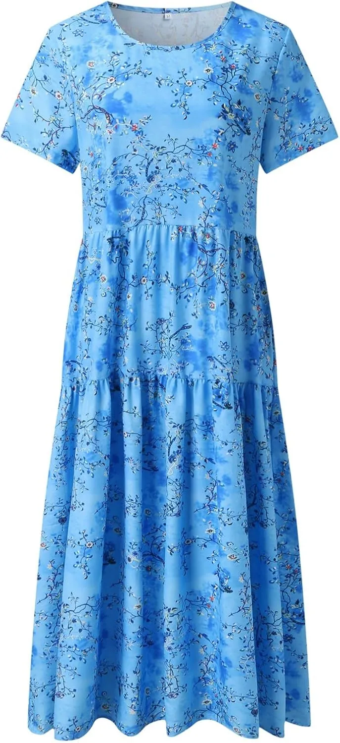 Women's Floral Maxi Long Dress Short Sleeve O Neck Summer Casual Dress with Pocket Holiday Beach Party Sundress Vestidos