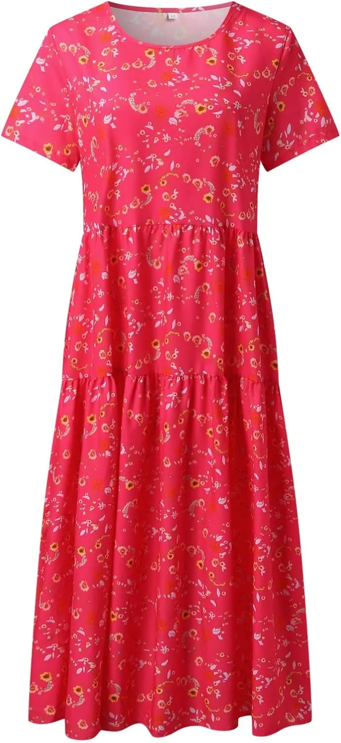 Women's Floral Maxi Long Dress Short Sleeve O Neck Summer Casual Dress with Pocket Holiday Beach Party Sundress Vestidos