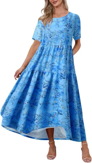 Women's Floral Maxi Long Dress Short Sleeve O Neck Summer Casual Dress with Pocket Holiday Beach Party Sundress Vestidos