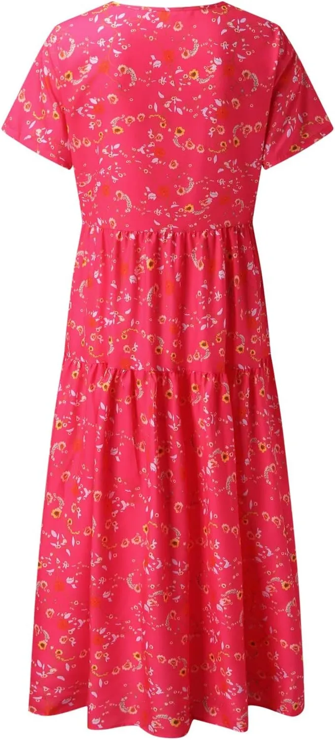 Women's Floral Maxi Long Dress Short Sleeve O Neck Summer Casual Dress with Pocket Holiday Beach Party Sundress Vestidos