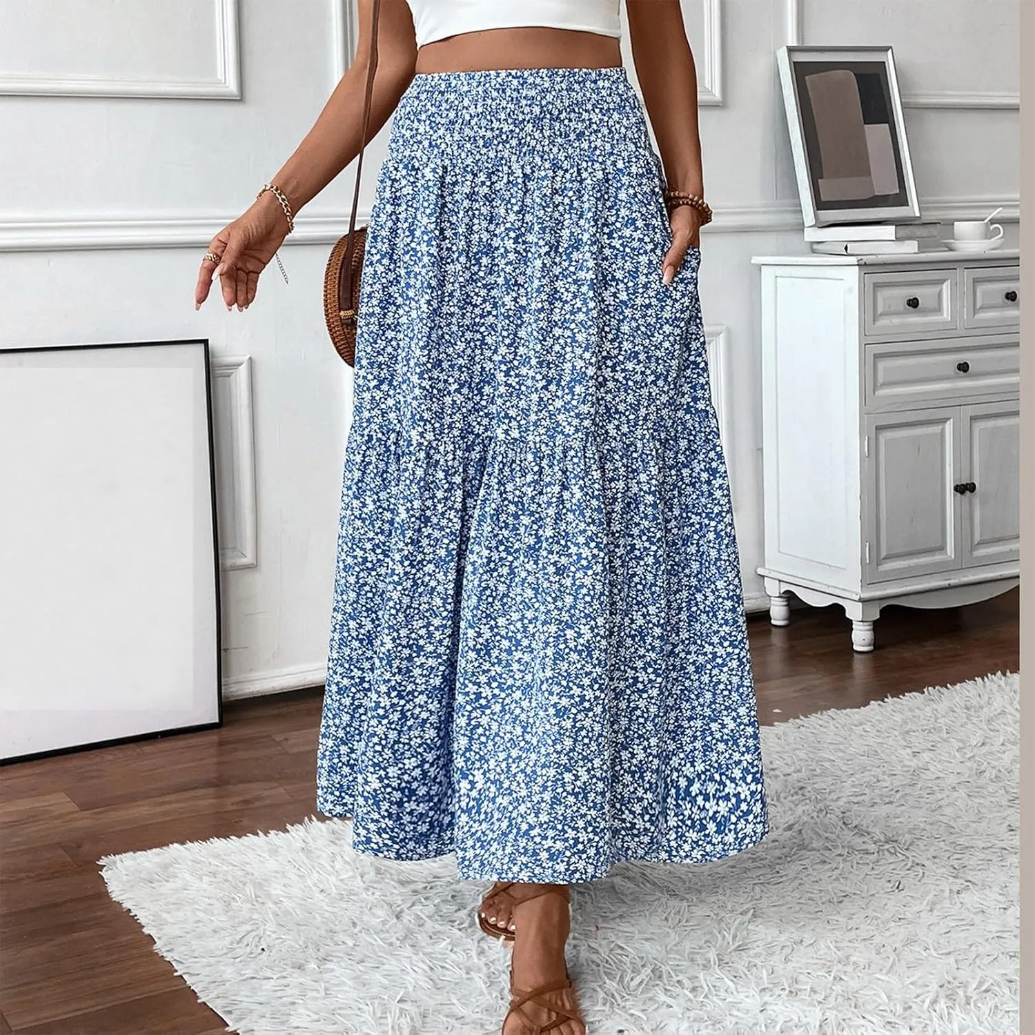 Womens Floral Maxi Skirt A Line Tiered Long Flowy Skirts with Pockets Casual Smocked High Waisted Boho Beach Skirts
