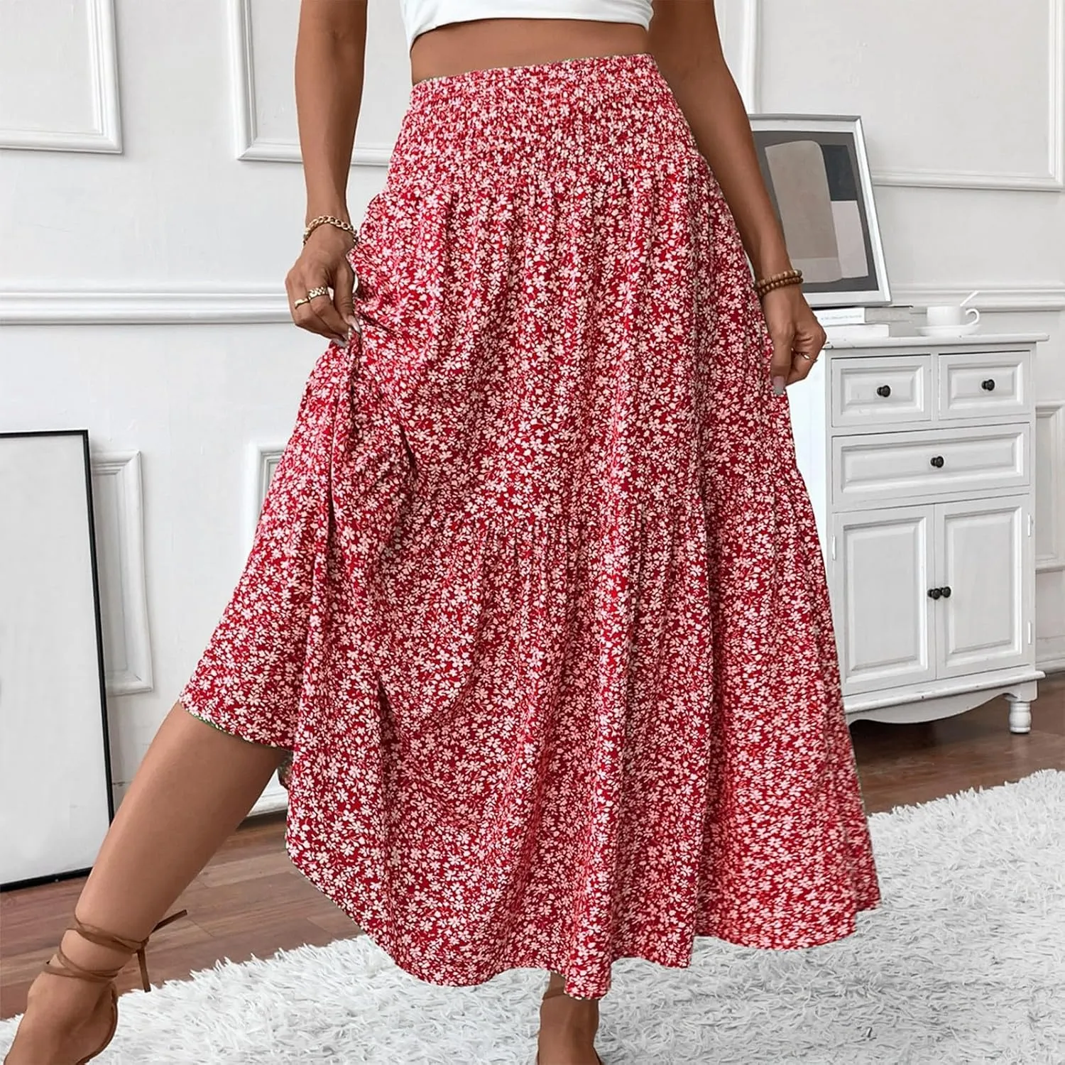 Womens Floral Maxi Skirt A Line Tiered Long Flowy Skirts with Pockets Casual Smocked High Waisted Boho Beach Skirts
