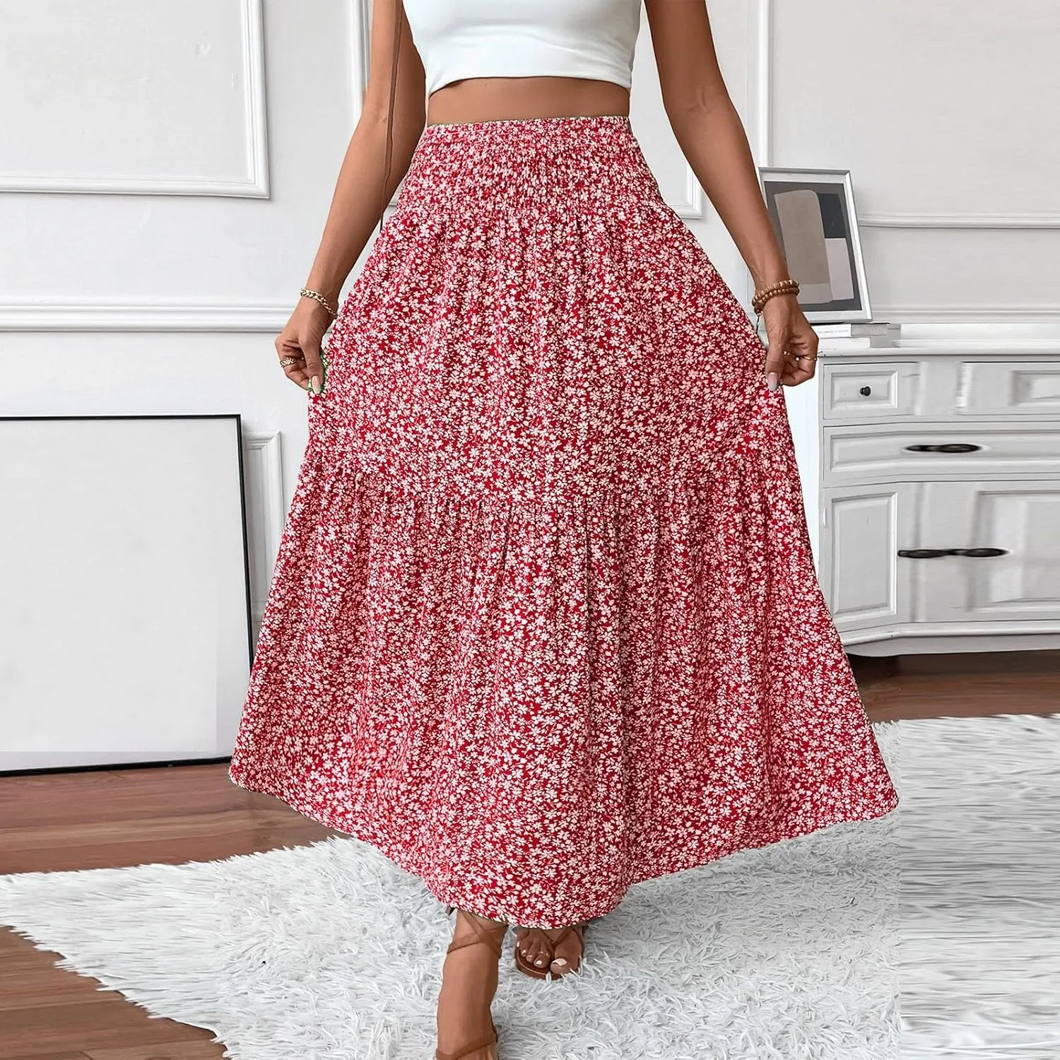 Womens Floral Maxi Skirt A Line Tiered Long Flowy Skirts with Pockets Casual Smocked High Waisted Boho Beach Skirts