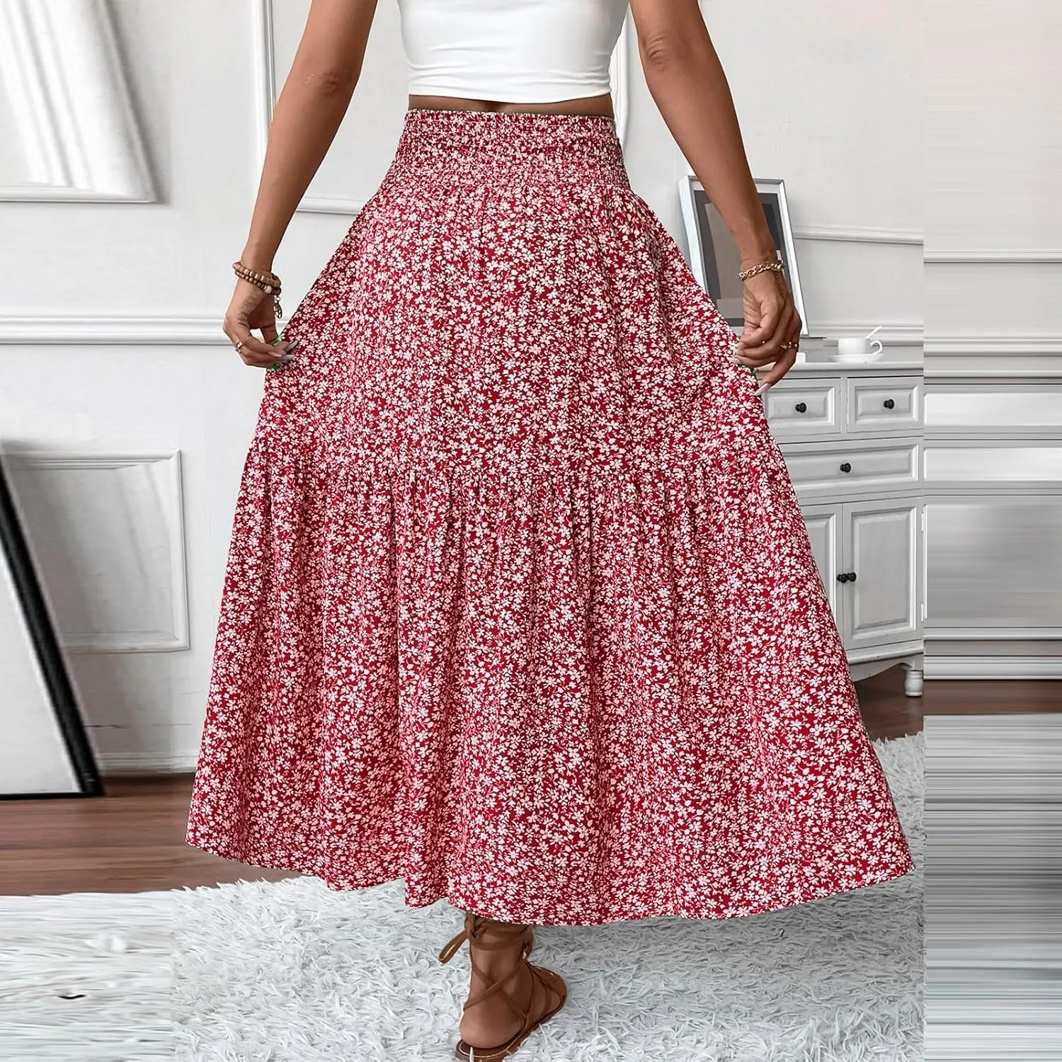 Womens Floral Maxi Skirt A Line Tiered Long Flowy Skirts with Pockets Casual Smocked High Waisted Boho Beach Skirts
