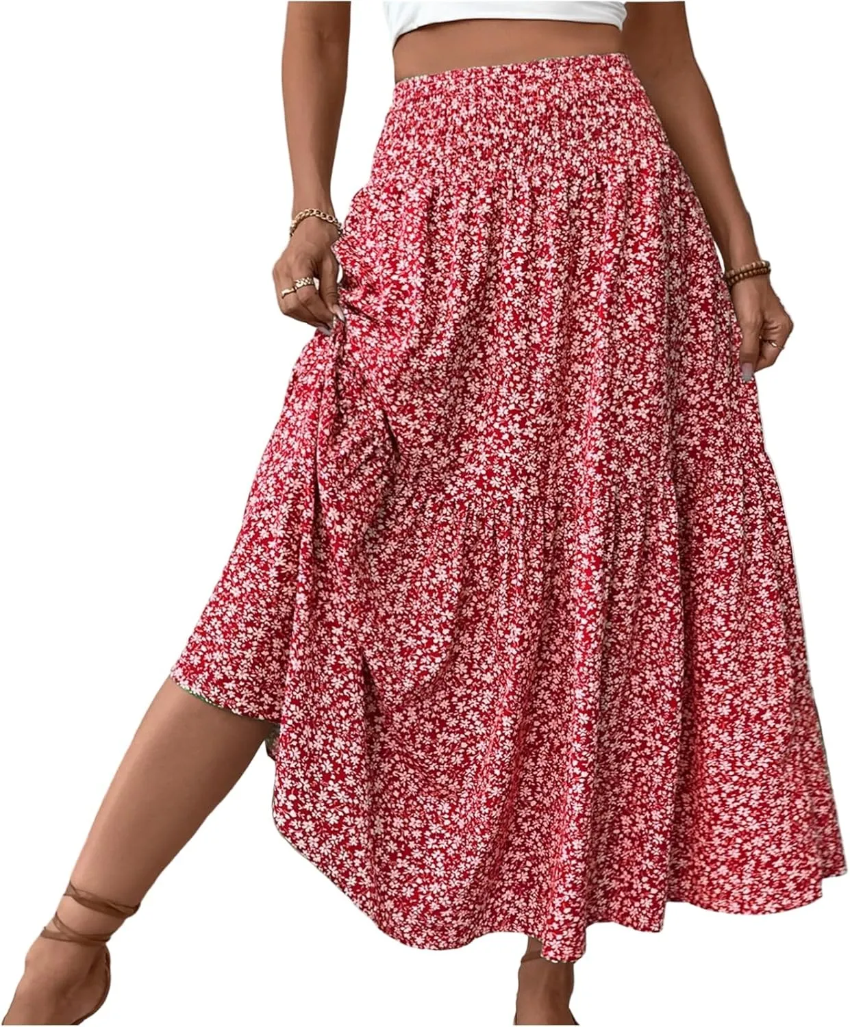 Womens Floral Maxi Skirt A Line Tiered Long Flowy Skirts with Pockets Casual Smocked High Waisted Boho Beach Skirts