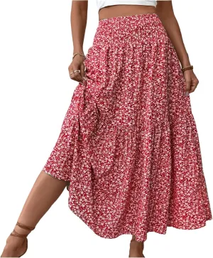 Womens Floral Maxi Skirt A Line Tiered Long Flowy Skirts with Pockets Casual Smocked High Waisted Boho Beach Skirts