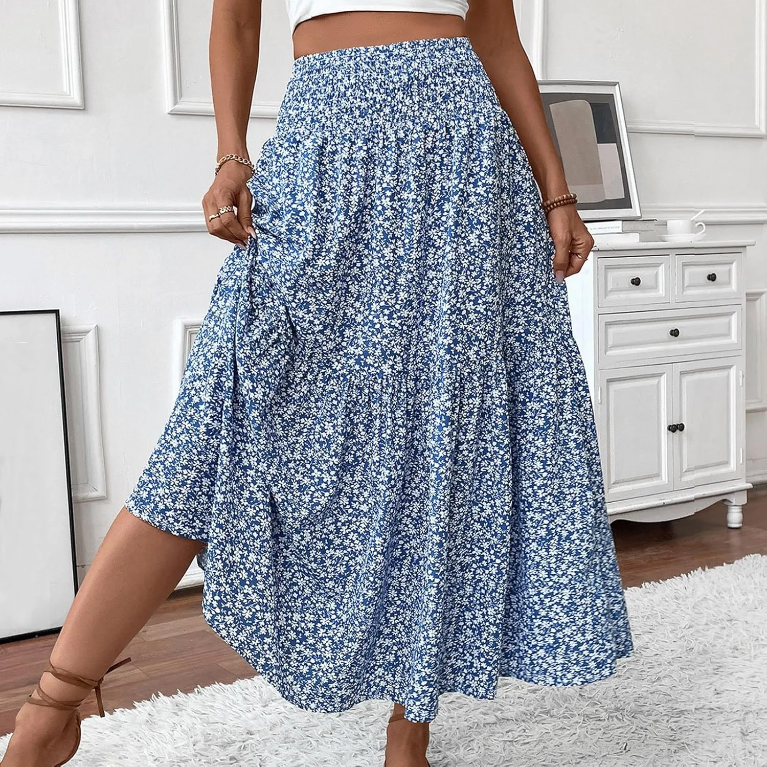 Womens Floral Maxi Skirt A Line Tiered Long Flowy Skirts with Pockets Casual Smocked High Waisted Boho Beach Skirts