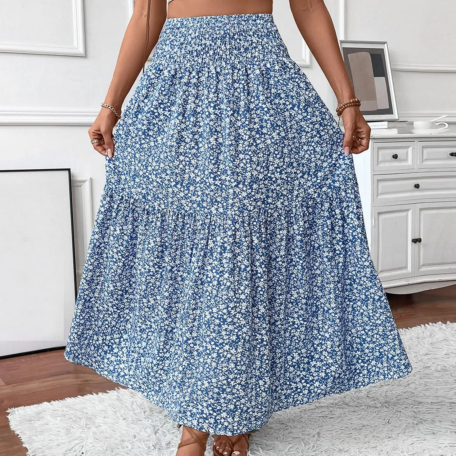 Womens Floral Maxi Skirt A Line Tiered Long Flowy Skirts with Pockets Casual Smocked High Waisted Boho Beach Skirts
