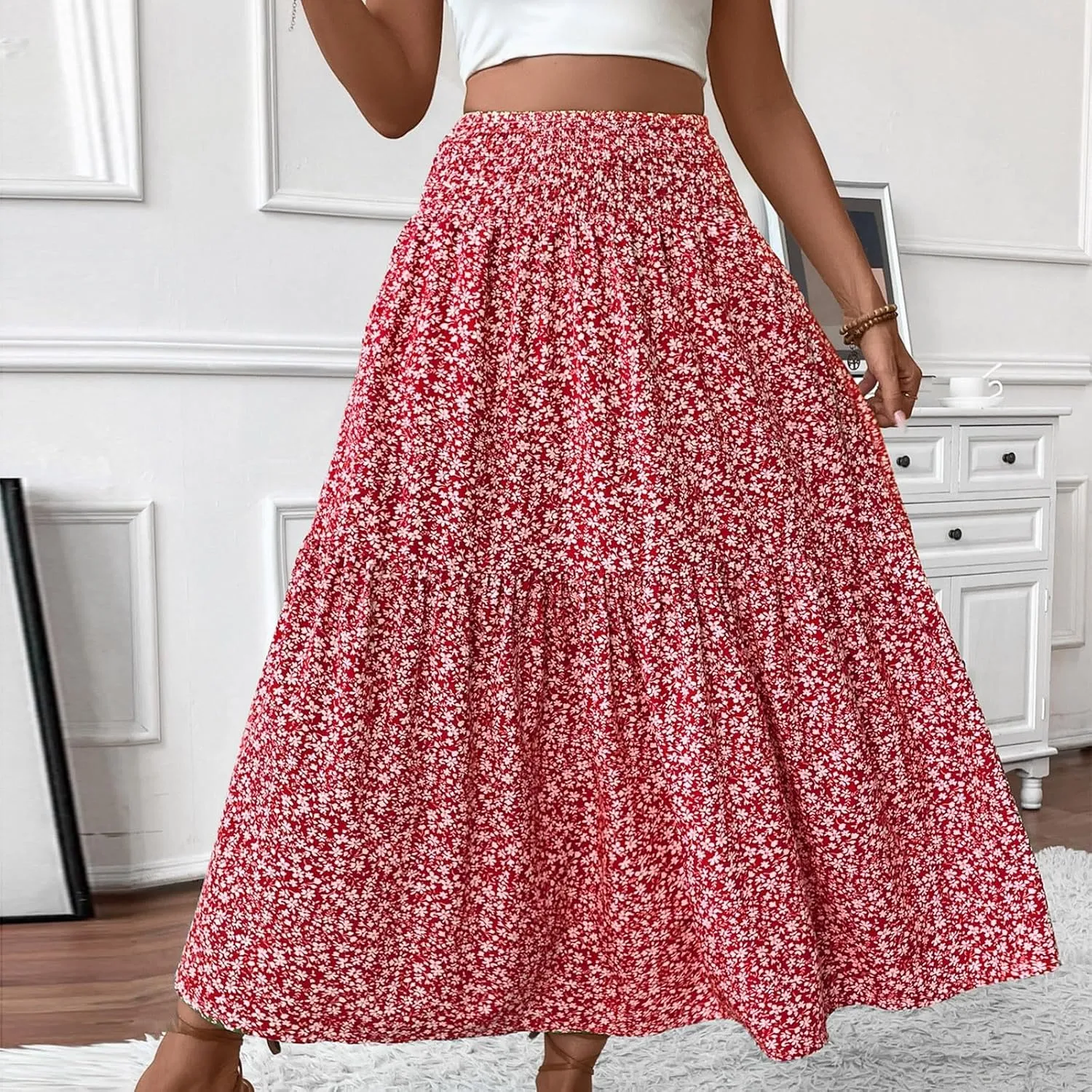 Womens Floral Maxi Skirt A Line Tiered Long Flowy Skirts with Pockets Casual Smocked High Waisted Boho Beach Skirts