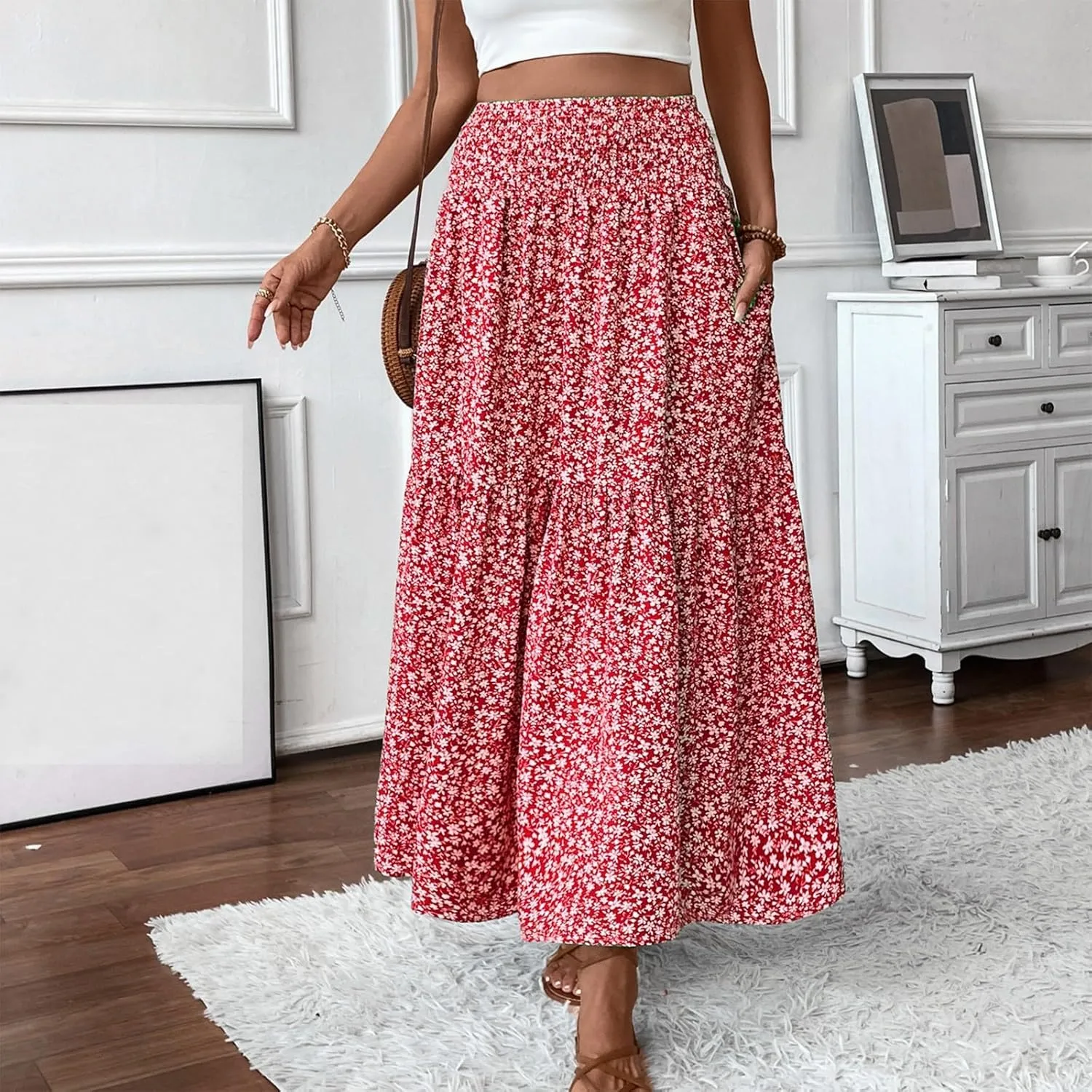 Womens Floral Maxi Skirt A Line Tiered Long Flowy Skirts with Pockets Casual Smocked High Waisted Boho Beach Skirts