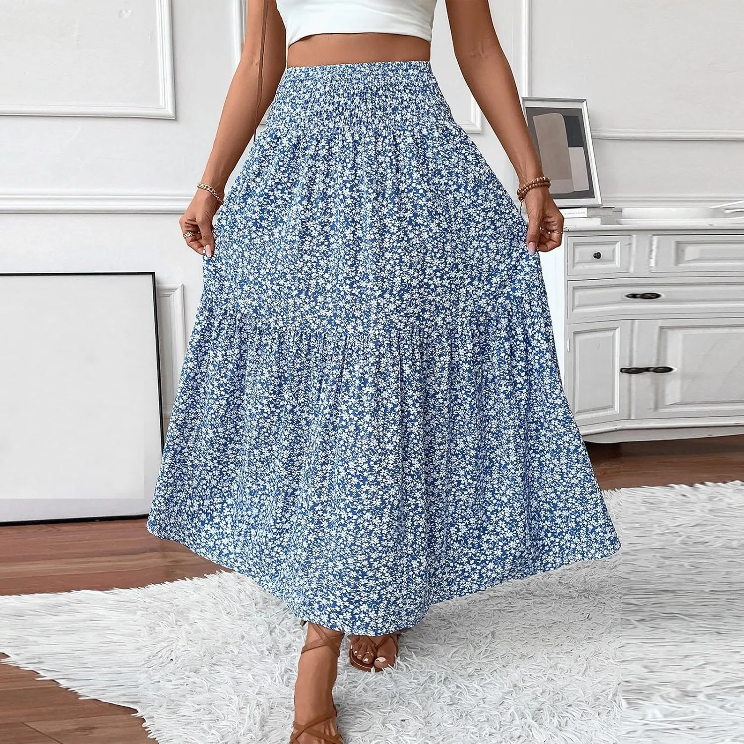 Womens Floral Maxi Skirt A Line Tiered Long Flowy Skirts with Pockets Casual Smocked High Waisted Boho Beach Skirts