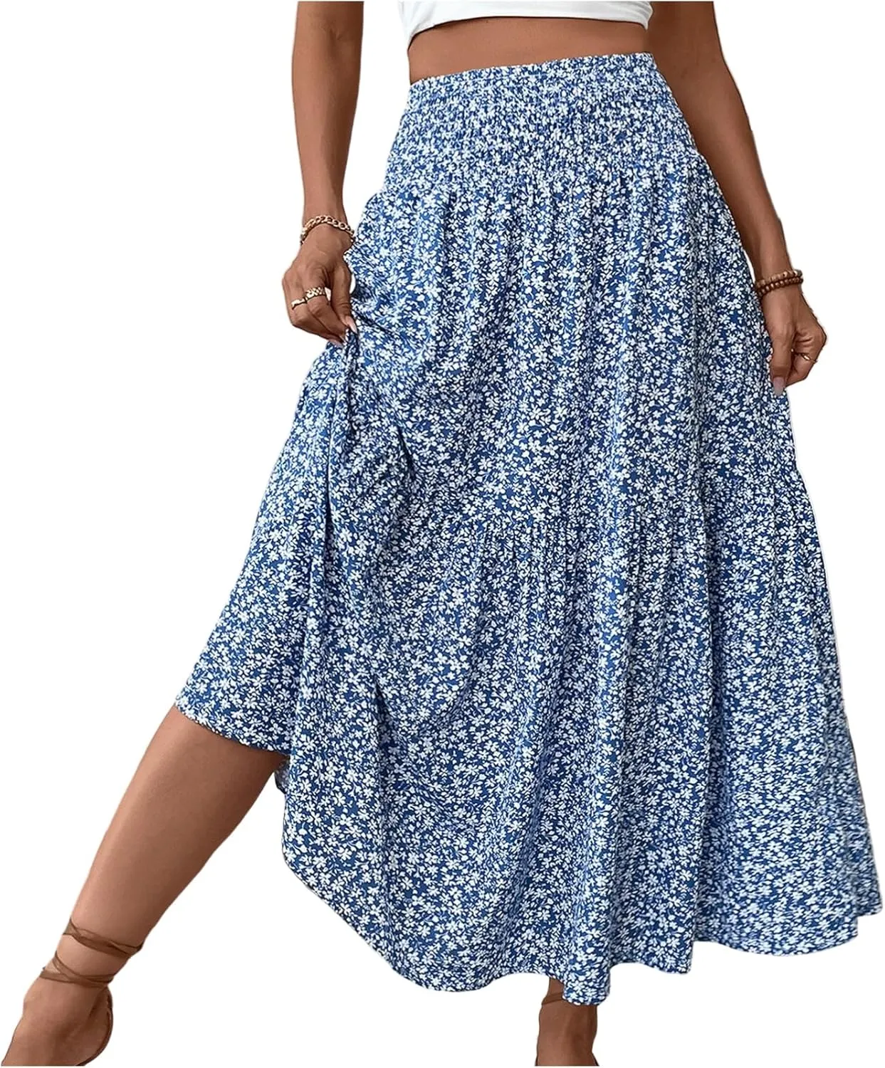 Womens Floral Maxi Skirt A Line Tiered Long Flowy Skirts with Pockets Casual Smocked High Waisted Boho Beach Skirts