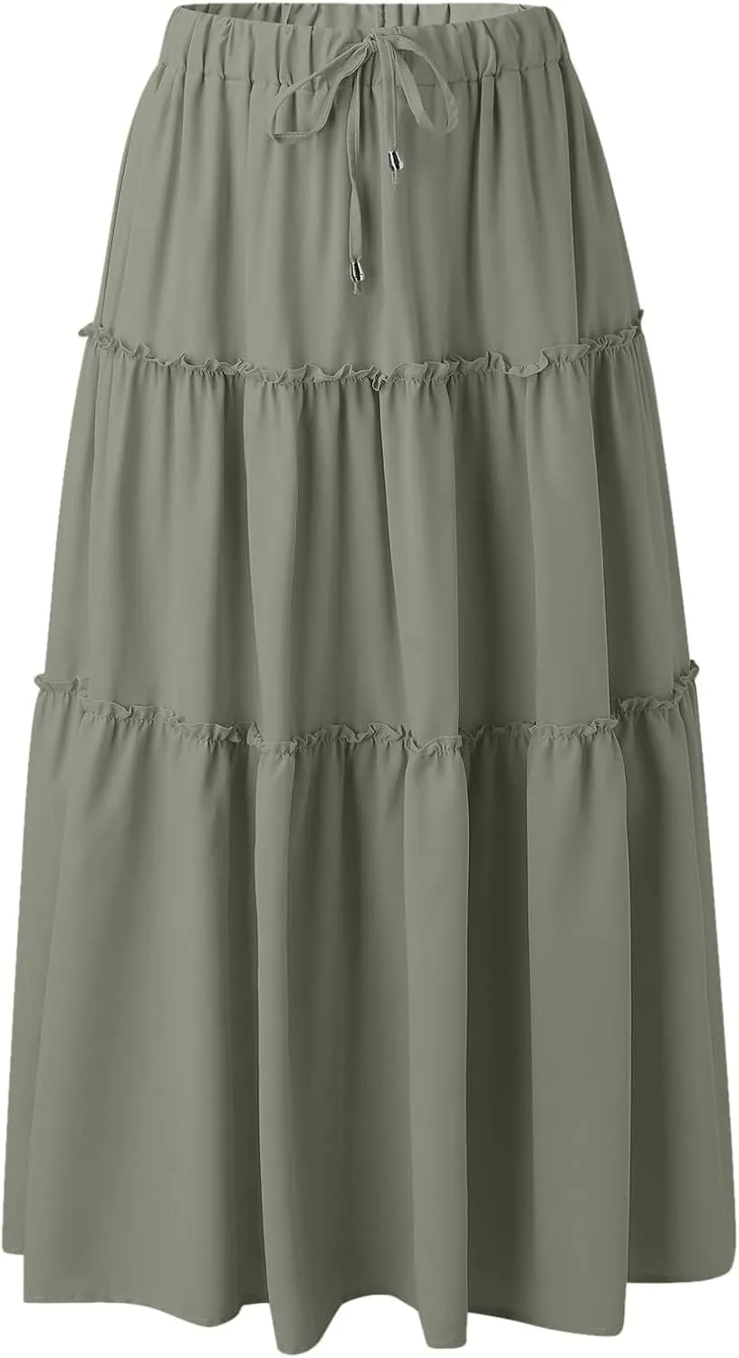 Women's Flowy Boho Maxi Skirt A Line High Waist Skirts Casual Pleated Tiered Long Skirts Summer Beach Vacation Skirt