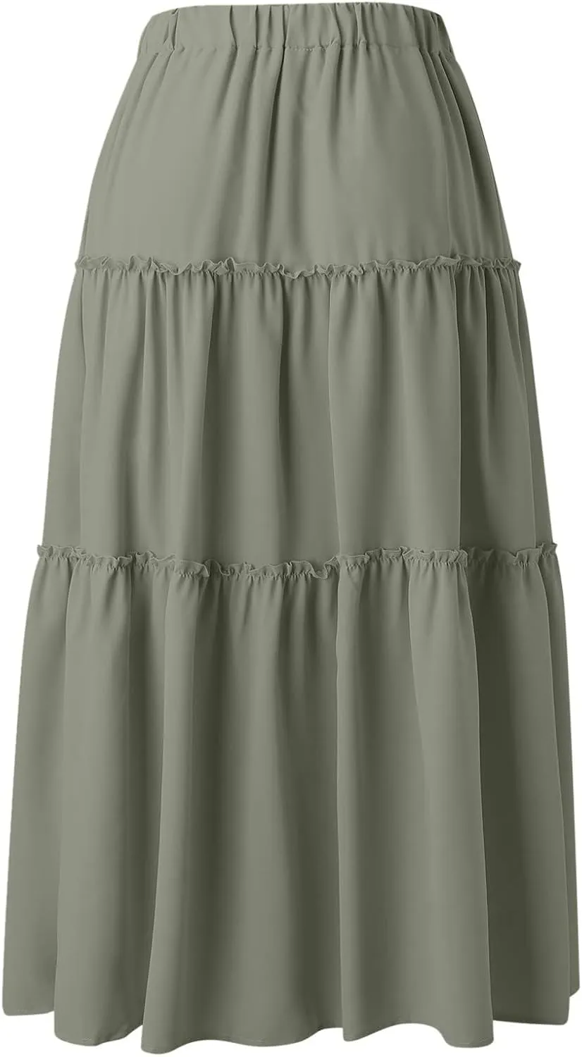Women's Flowy Boho Maxi Skirt A Line High Waist Skirts Casual Pleated Tiered Long Skirts Summer Beach Vacation Skirt
