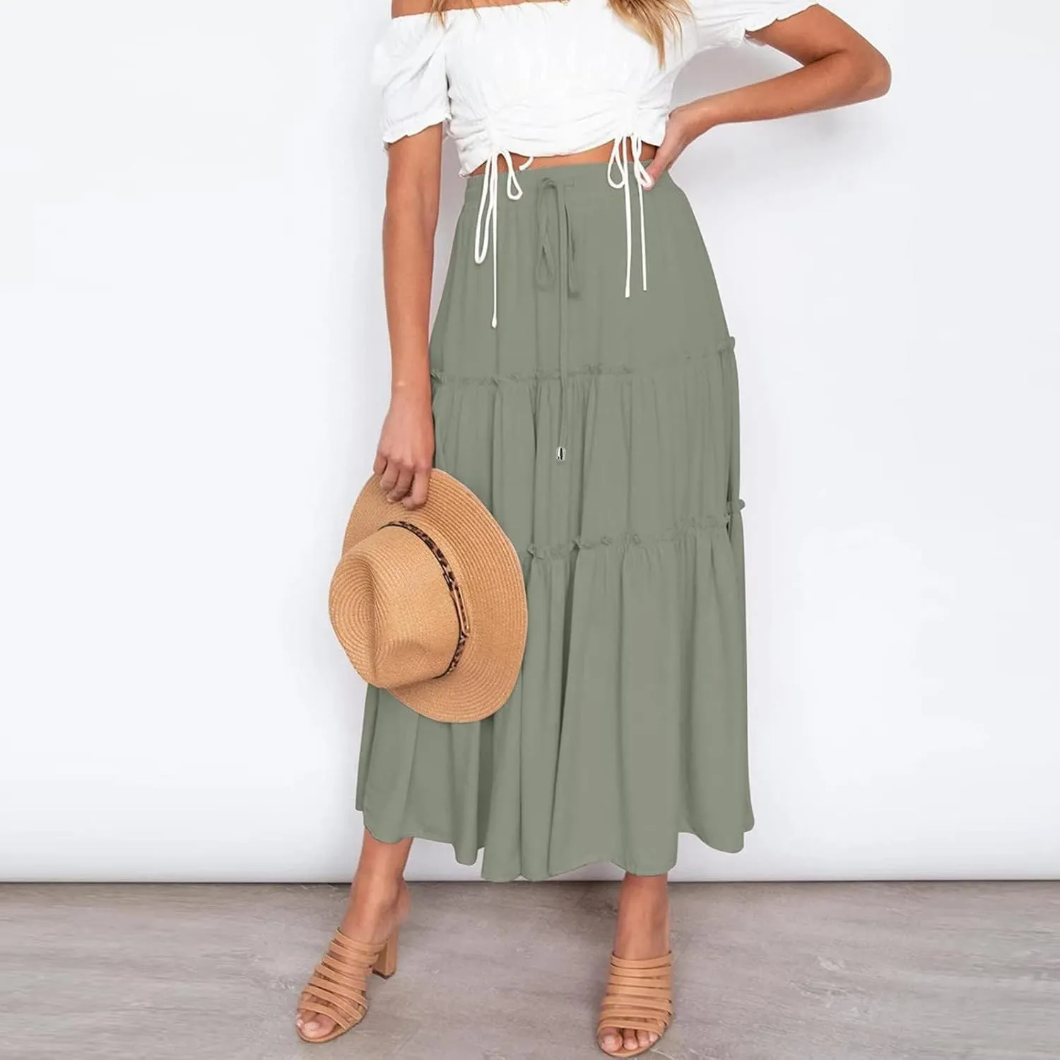 Women's Flowy Boho Maxi Skirt A Line High Waist Skirts Casual Pleated Tiered Long Skirts Summer Beach Vacation Skirt