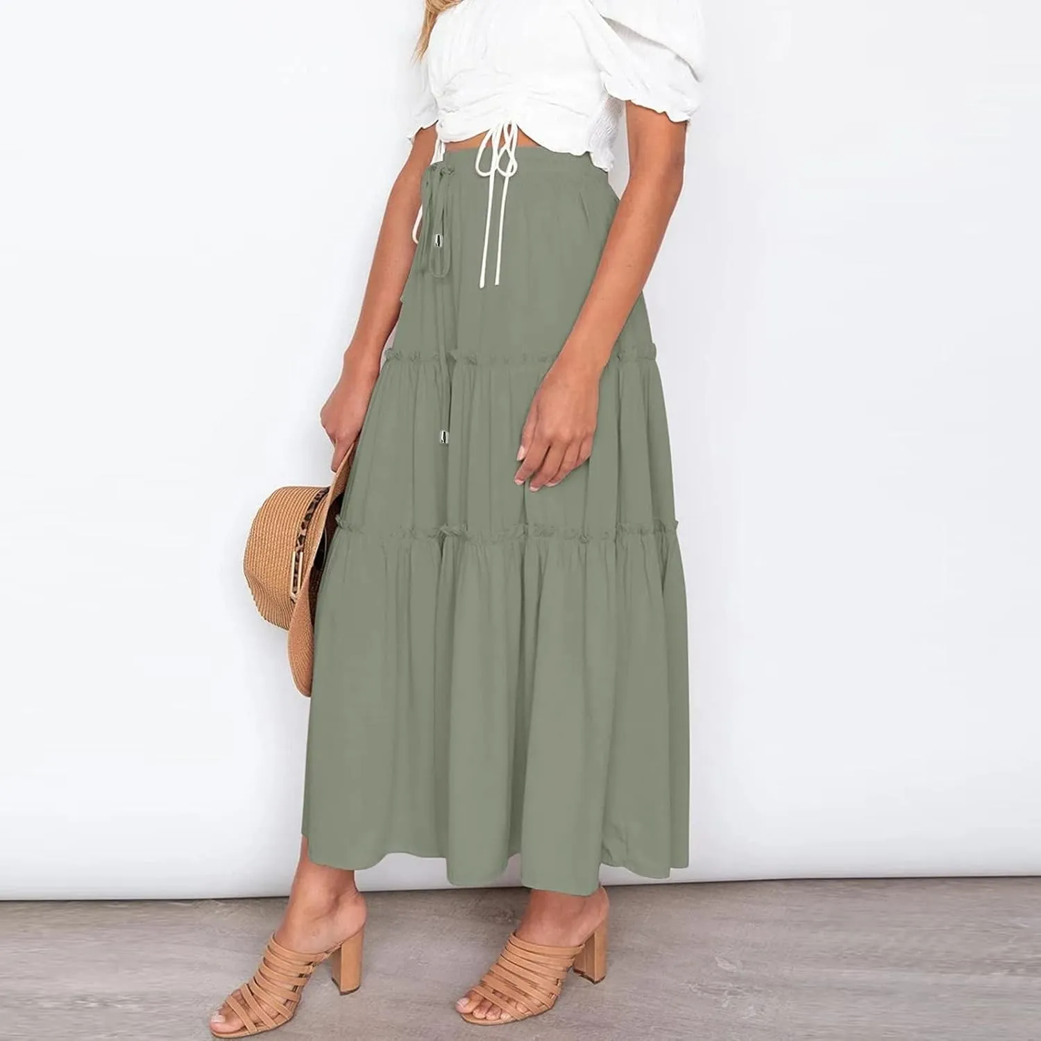 Women's Flowy Boho Maxi Skirt A Line High Waist Skirts Casual Pleated Tiered Long Skirts Summer Beach Vacation Skirt