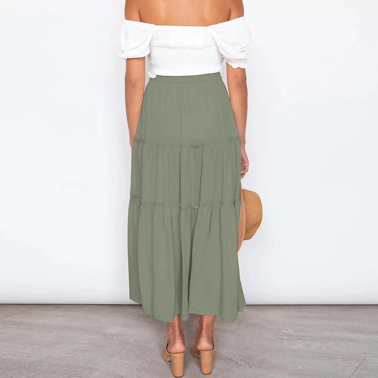Women's Flowy Boho Maxi Skirt A Line High Waist Skirts Casual Pleated Tiered Long Skirts Summer Beach Vacation Skirt