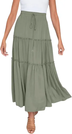 Women's Flowy Boho Maxi Skirt A Line High Waist Skirts Casual Pleated Tiered Long Skirts Summer Beach Vacation Skirt