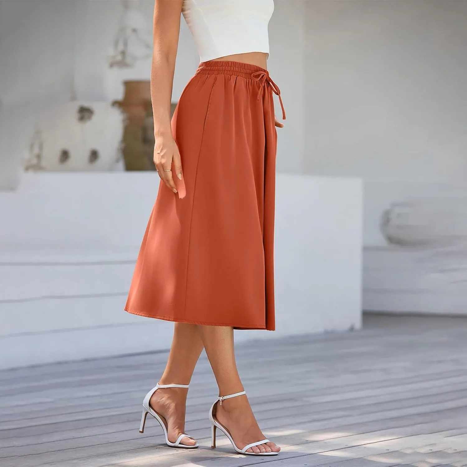 Women's Flowy Skirt Summer Casual Loose Trendy Elastic High Waist Floral Print Bohemian Sun Beach Maxi Skirts