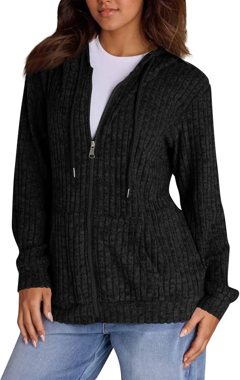 Womens Full Zip Hoodie Y2K Fuzzy Lightweight Oversized Sweatshirt Drawstring Open Cardigan Jacket Fall Winter Outfits