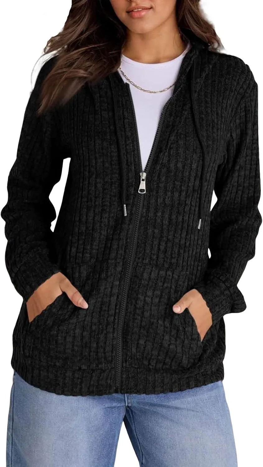 Womens Full Zip Hoodie Y2K Fuzzy Lightweight Oversized Sweatshirt Drawstring Open Cardigan Jacket Fall Winter Outfits