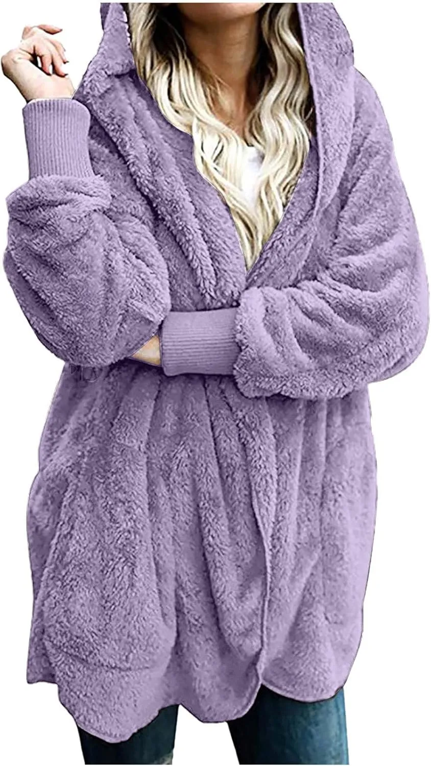Womens Fuzzy Fleece Cardigan Coat Casual Oversized Open Front Sherpa Hooded Jackets Warm Winter Fluffy Outerwear