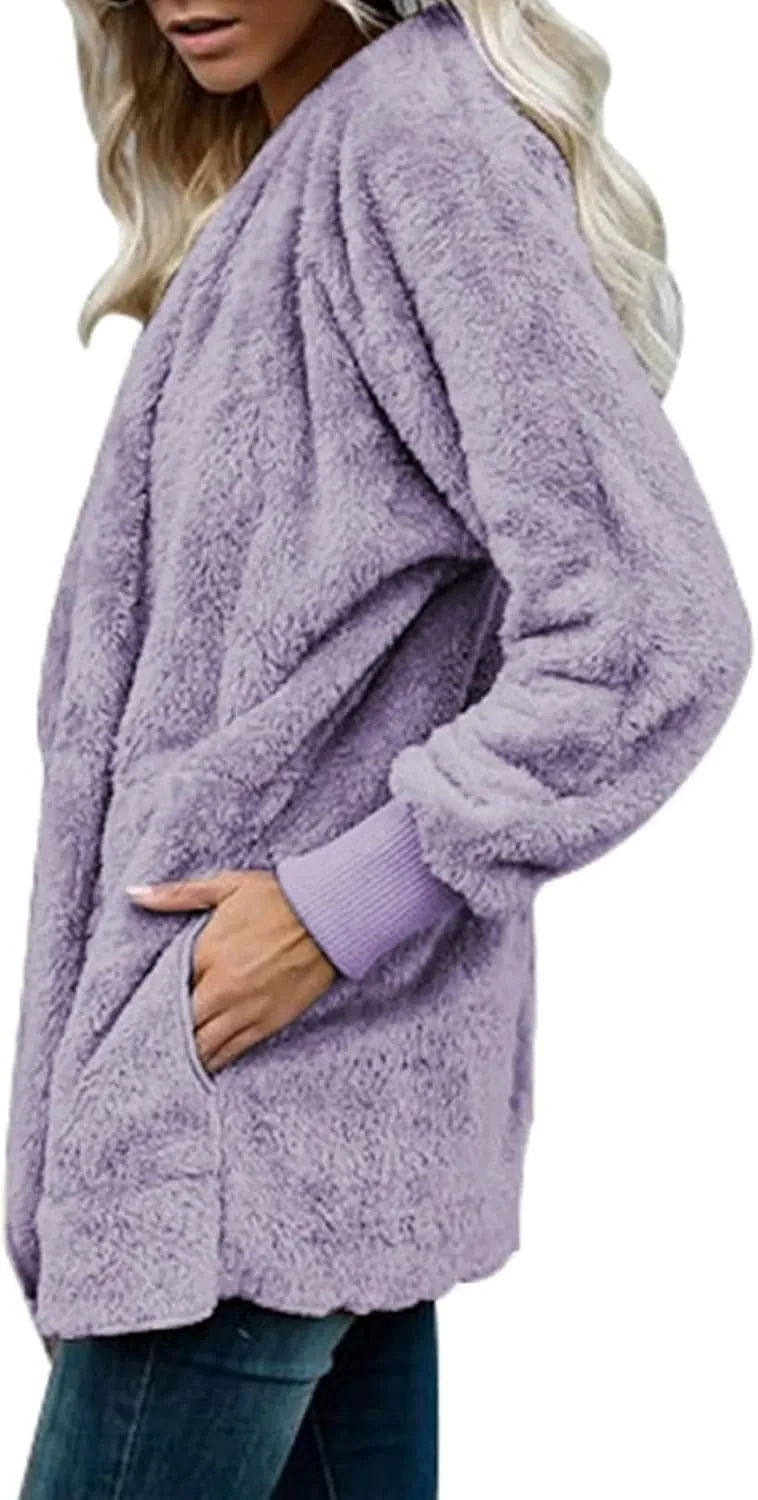 Womens Fuzzy Fleece Cardigan Coat Casual Oversized Open Front Sherpa Hooded Jackets Warm Winter Fluffy Outerwear