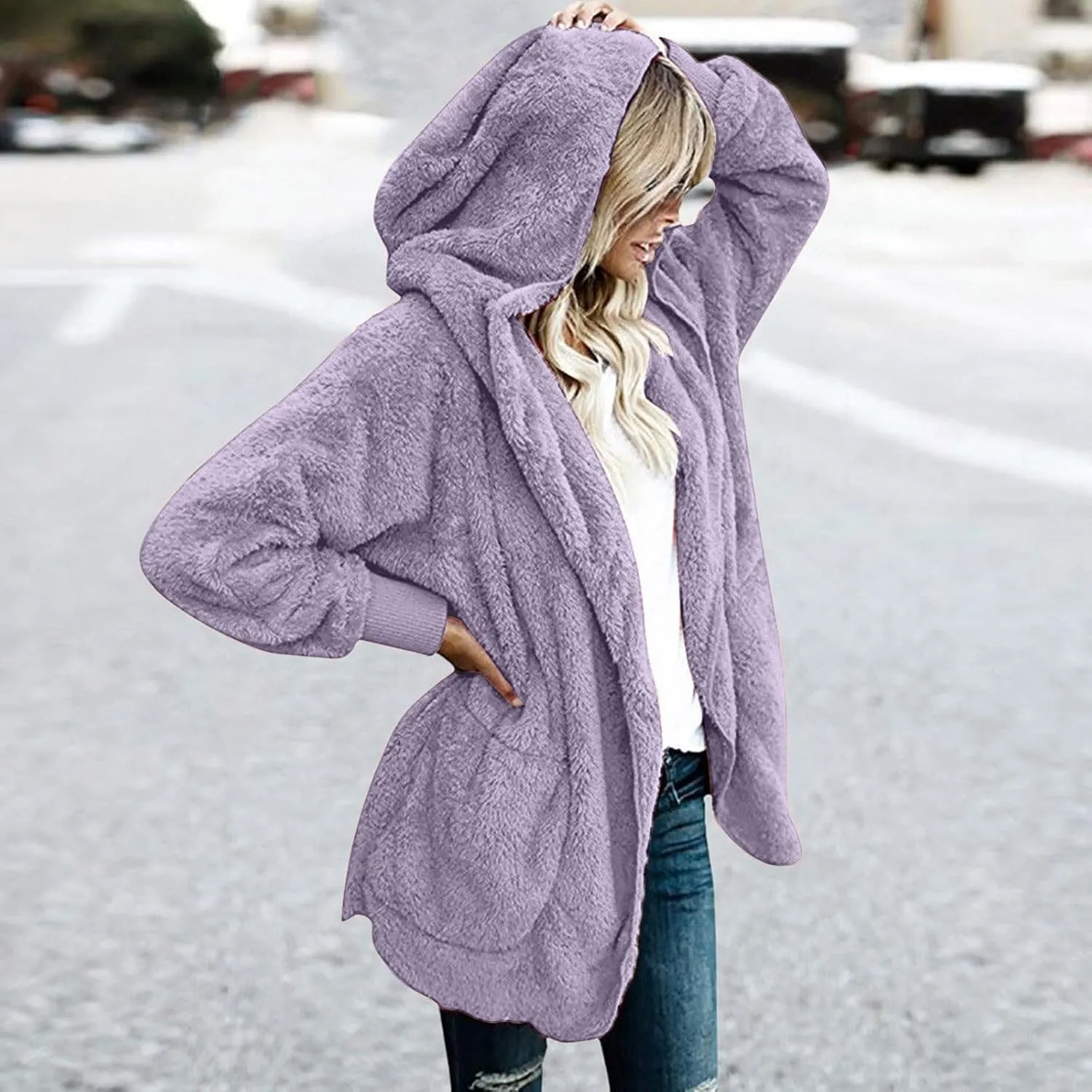 Womens Fuzzy Fleece Cardigan Coat Casual Oversized Open Front Sherpa Hooded Jackets Warm Winter Fluffy Outerwear