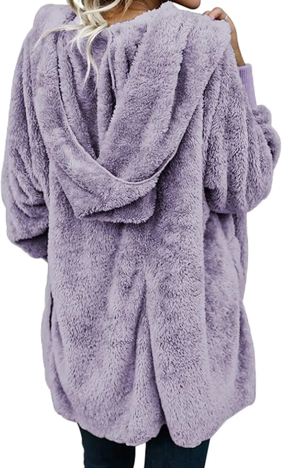 Womens Fuzzy Fleece Cardigan Coat Casual Oversized Open Front Sherpa Hooded Jackets Warm Winter Fluffy Outerwear