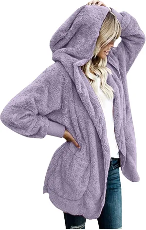 Womens Fuzzy Fleece Cardigan Coat Casual Oversized Open Front Sherpa Hooded Jackets Warm Winter Fluffy Outerwear