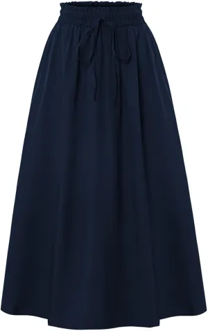 Women's Linen Skirts Knee Length Midi Skirt Summer Drawstring High Waisted Boho Skirt Smocked Aline with Pockets