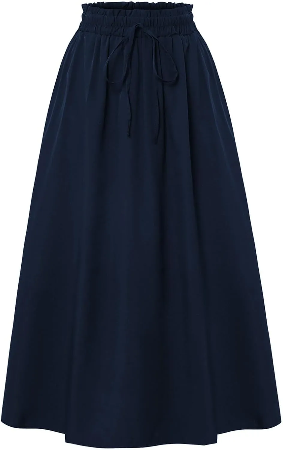 Women's Linen Skirts Knee Length Midi Skirt Summer Drawstring High Waisted Boho Skirt Smocked Aline with Pockets