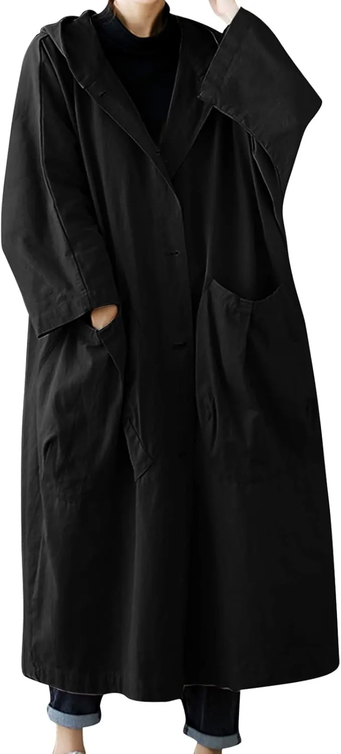 Womens Long Breasted Trench Coat Midi Length Overcoat Jacket Women Anorak