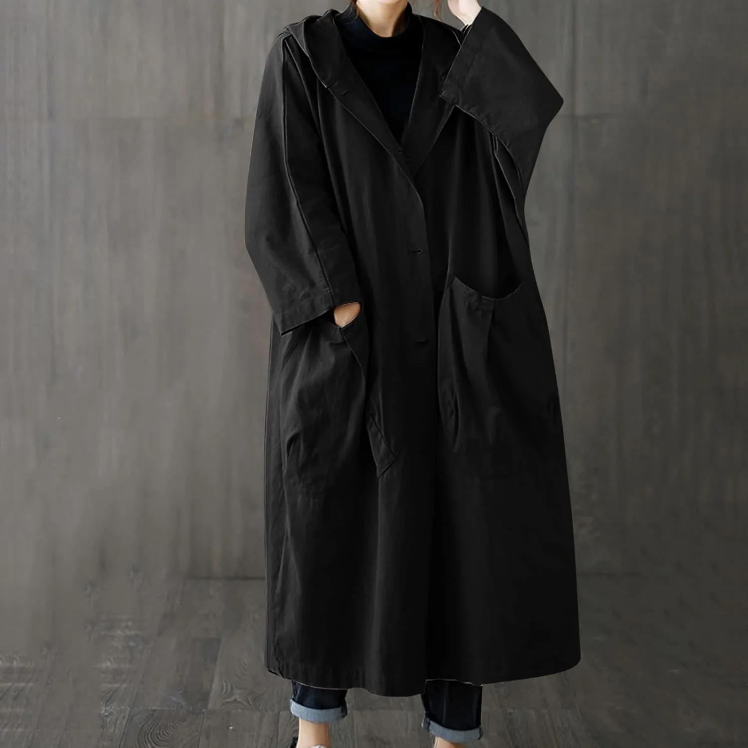 Womens Long Breasted Trench Coat Midi Length Overcoat Jacket Women Anorak
