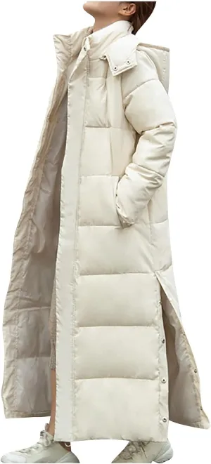 Womens Long Hooded Puffer Jackets Plus Size Lightweight Quilted Jackets Thicken Down Coats Warm Outerwear with Pockets