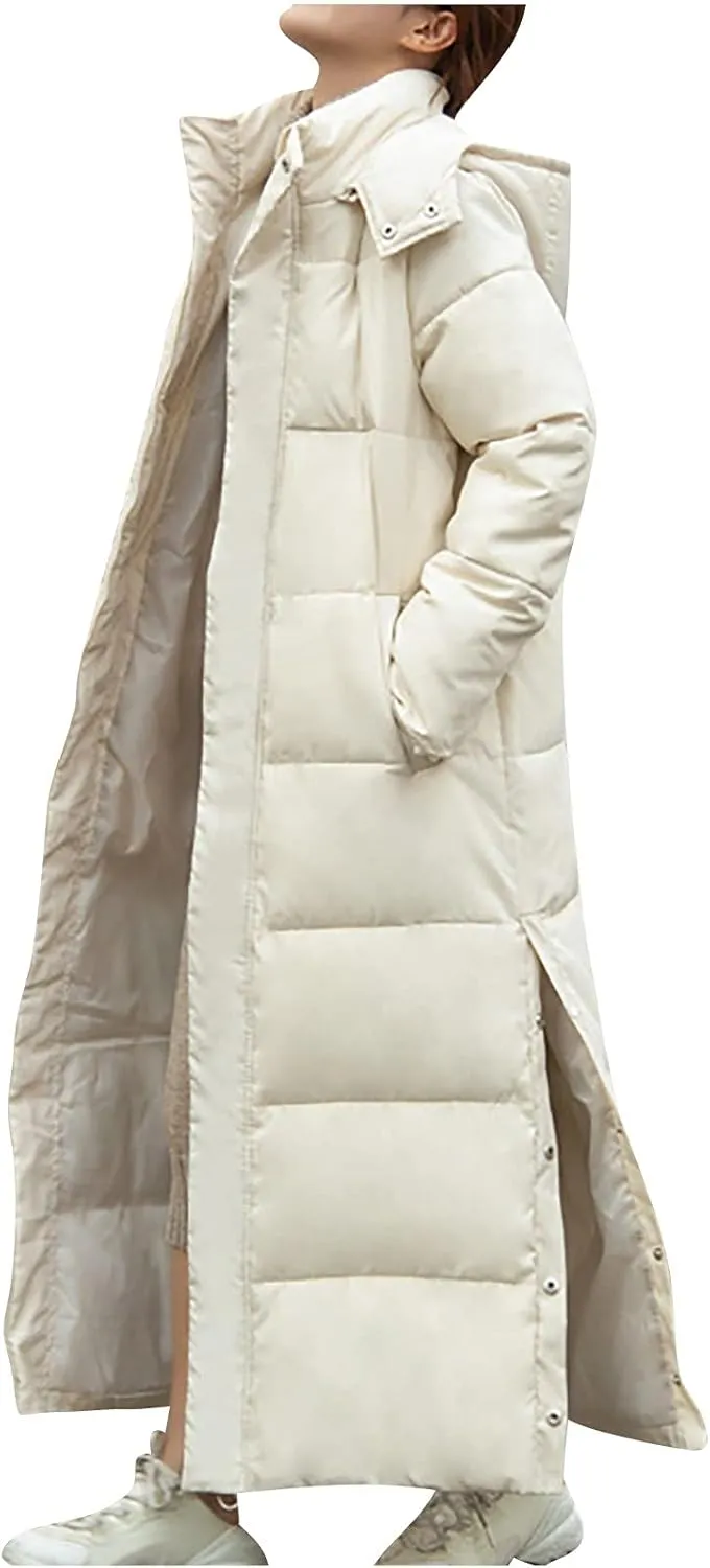 Womens Long Hooded Puffer Jackets Plus Size Lightweight Quilted Jackets Thicken Down Coats Warm Outerwear with Pockets