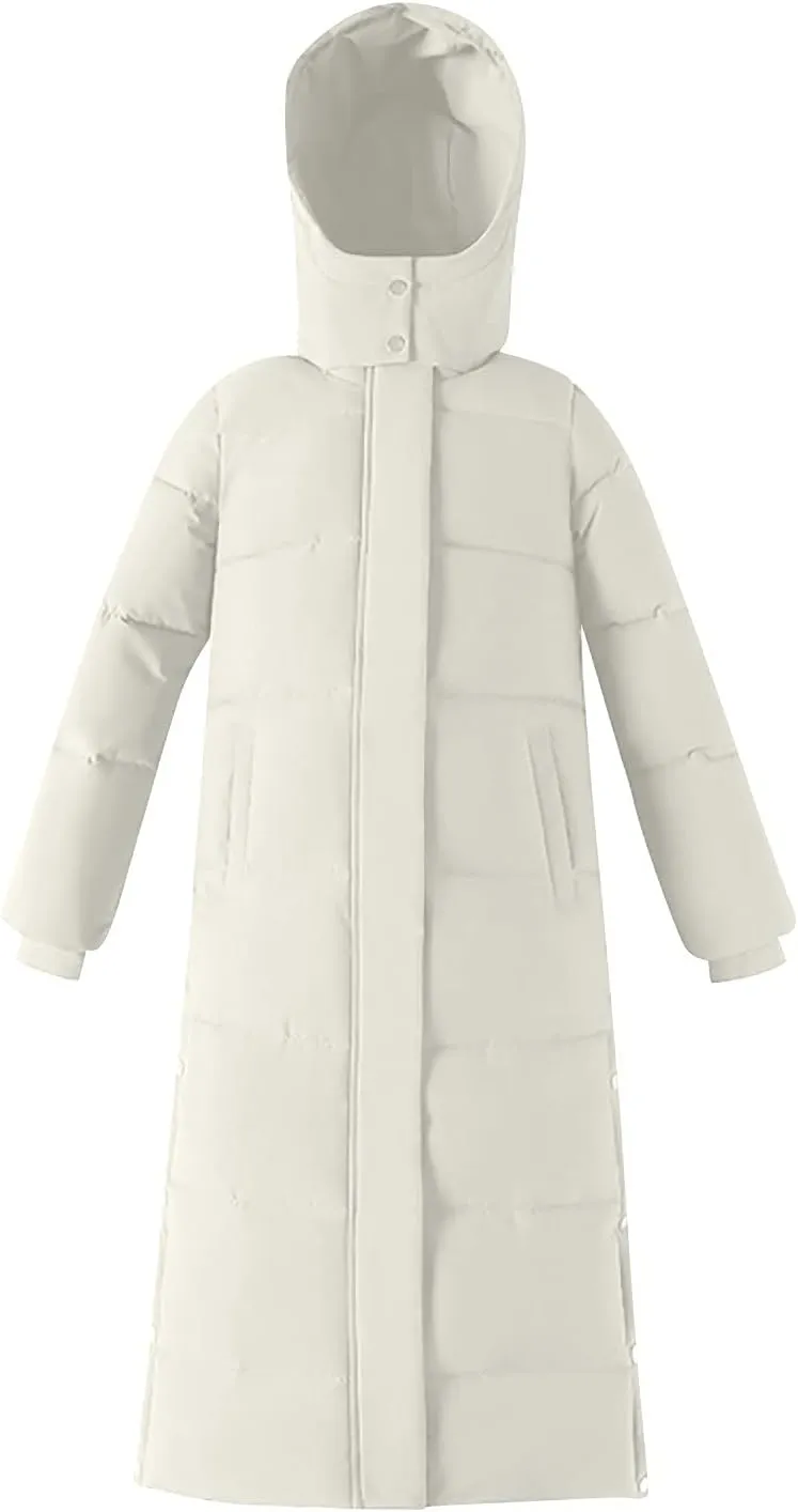 Womens Long Hooded Puffer Jackets Plus Size Lightweight Quilted Jackets Thicken Down Coats Warm Outerwear with Pockets