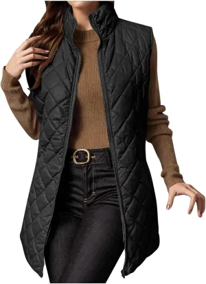 Womens Long Quilted Vest Sleeveless Pockets Full Zip Puff Vest Outerwear Cotton Padded Jacket Gilet Long Winter Coats