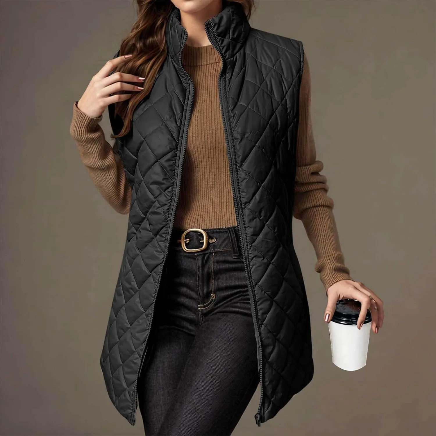 Womens Long Quilted Vest Sleeveless Pockets Full Zip Puff Vest Outerwear Cotton Padded Jacket Gilet Long Winter Coats