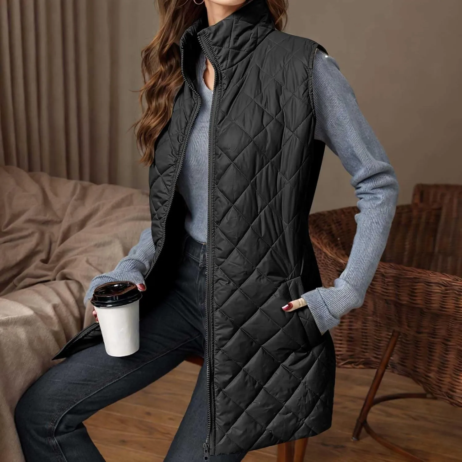 Womens Long Quilted Vest Sleeveless Pockets Full Zip Puff Vest Outerwear Cotton Padded Jacket Gilet Long Winter Coats