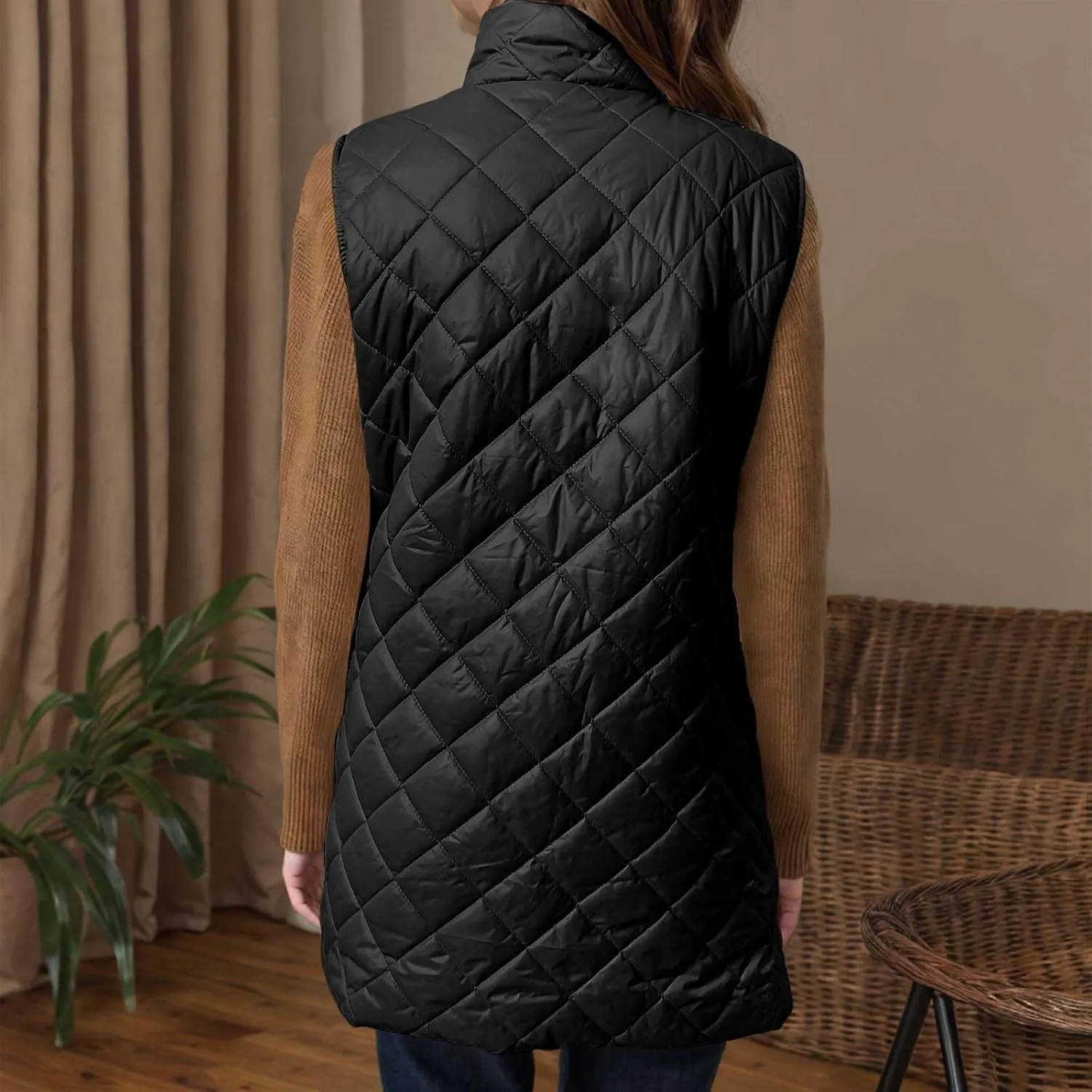 Womens Long Quilted Vest Sleeveless Pockets Full Zip Puff Vest Outerwear Cotton Padded Jacket Gilet Long Winter Coats