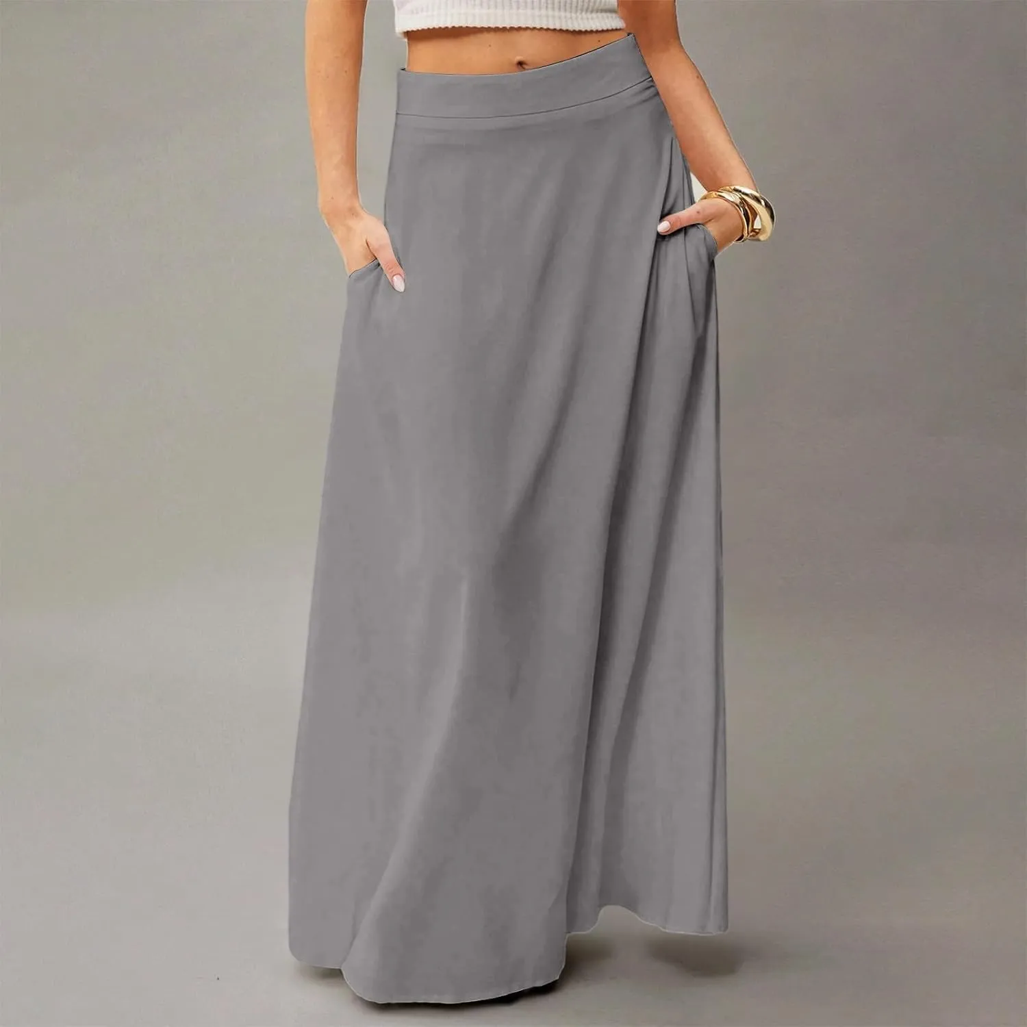 Women's Long Skirts Fall High Waisted Stretchy Solid Flowy Soft Beach Maxi Skirt, S-2XL