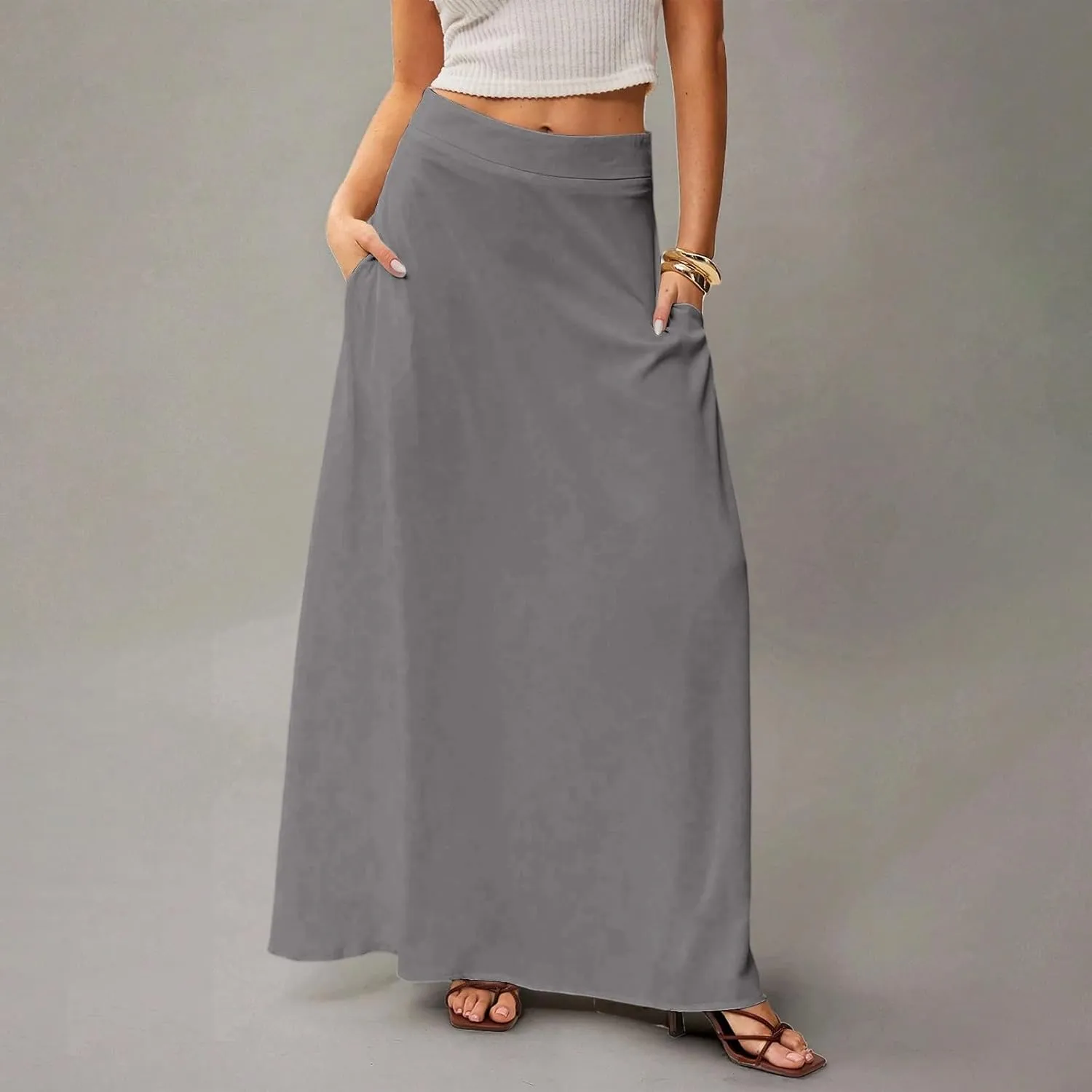 Women's Long Skirts Fall High Waisted Stretchy Solid Flowy Soft Beach Maxi Skirt, S-2XL