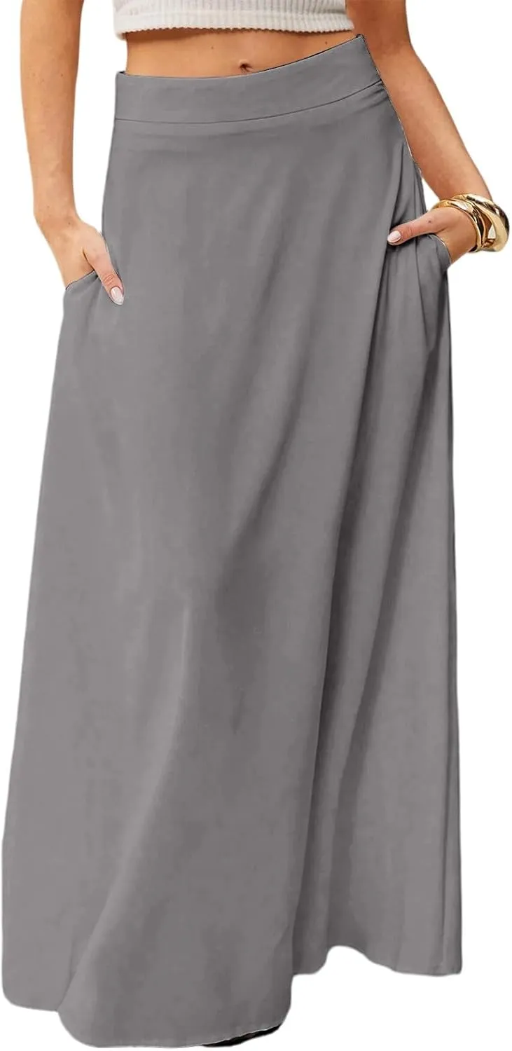 Women's Long Skirts Fall High Waisted Stretchy Solid Flowy Soft Beach Maxi Skirt, S-2XL