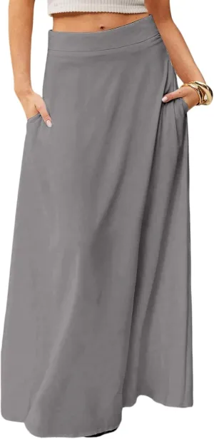 Women's Long Skirts Fall High Waisted Stretchy Solid Flowy Soft Beach Maxi Skirt, S-2XL