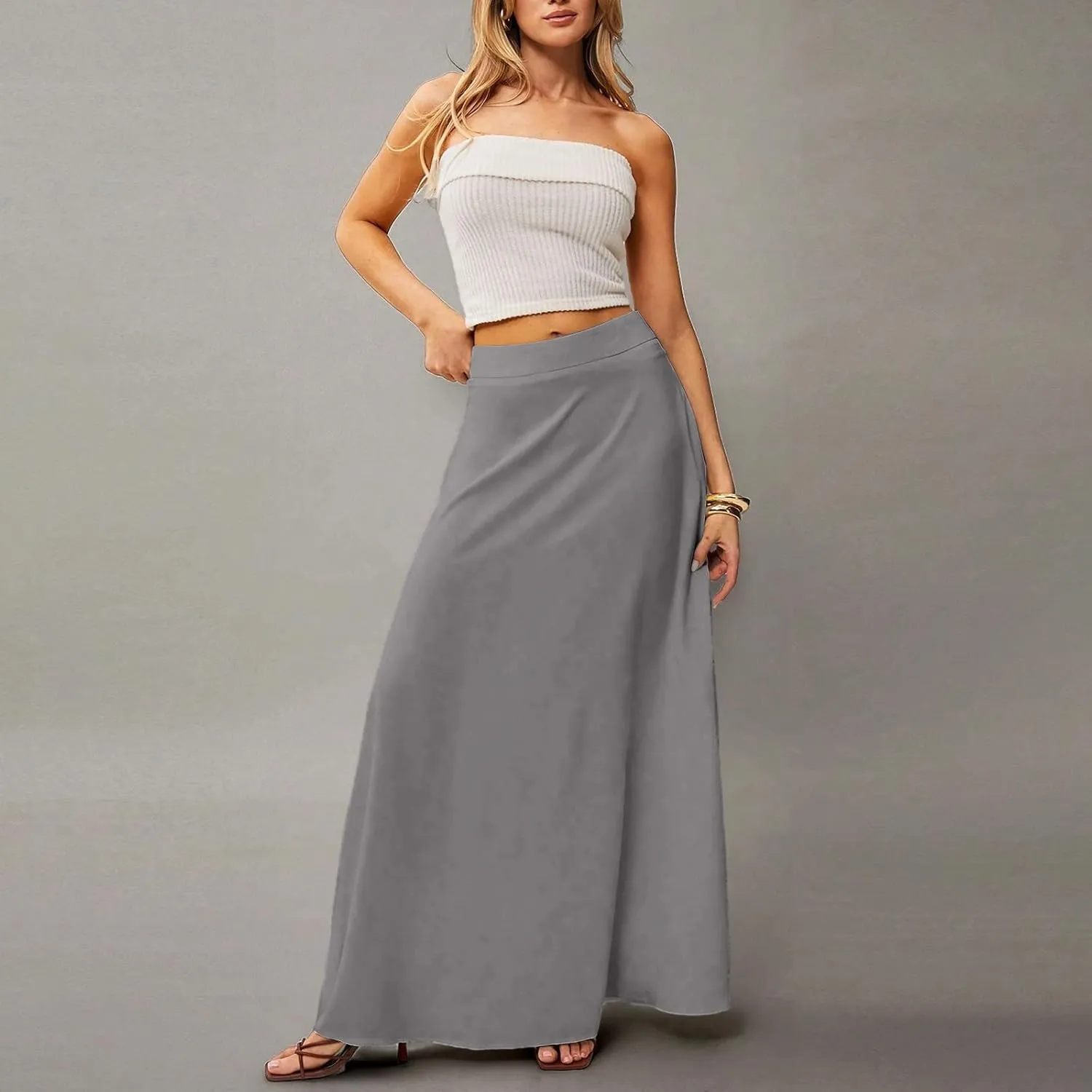 Women's Long Skirts Fall High Waisted Stretchy Solid Flowy Soft Beach Maxi Skirt, S-2XL