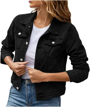 Womens Long Sleeve Jean Jacket Distressed Denim Jacket Slim Fit Basic Button Down Trucker Denim Fall Jackets