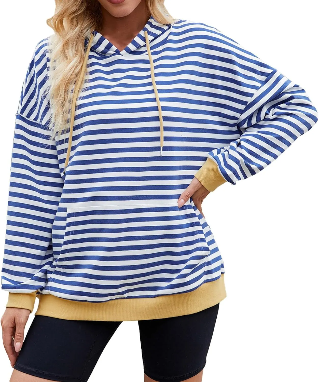 Womens Loose Striped Pullovers 2024 Fall Trendy Oversized Long Sleeve Hooded Sports Sweatshirt Casual Workout Hoodie