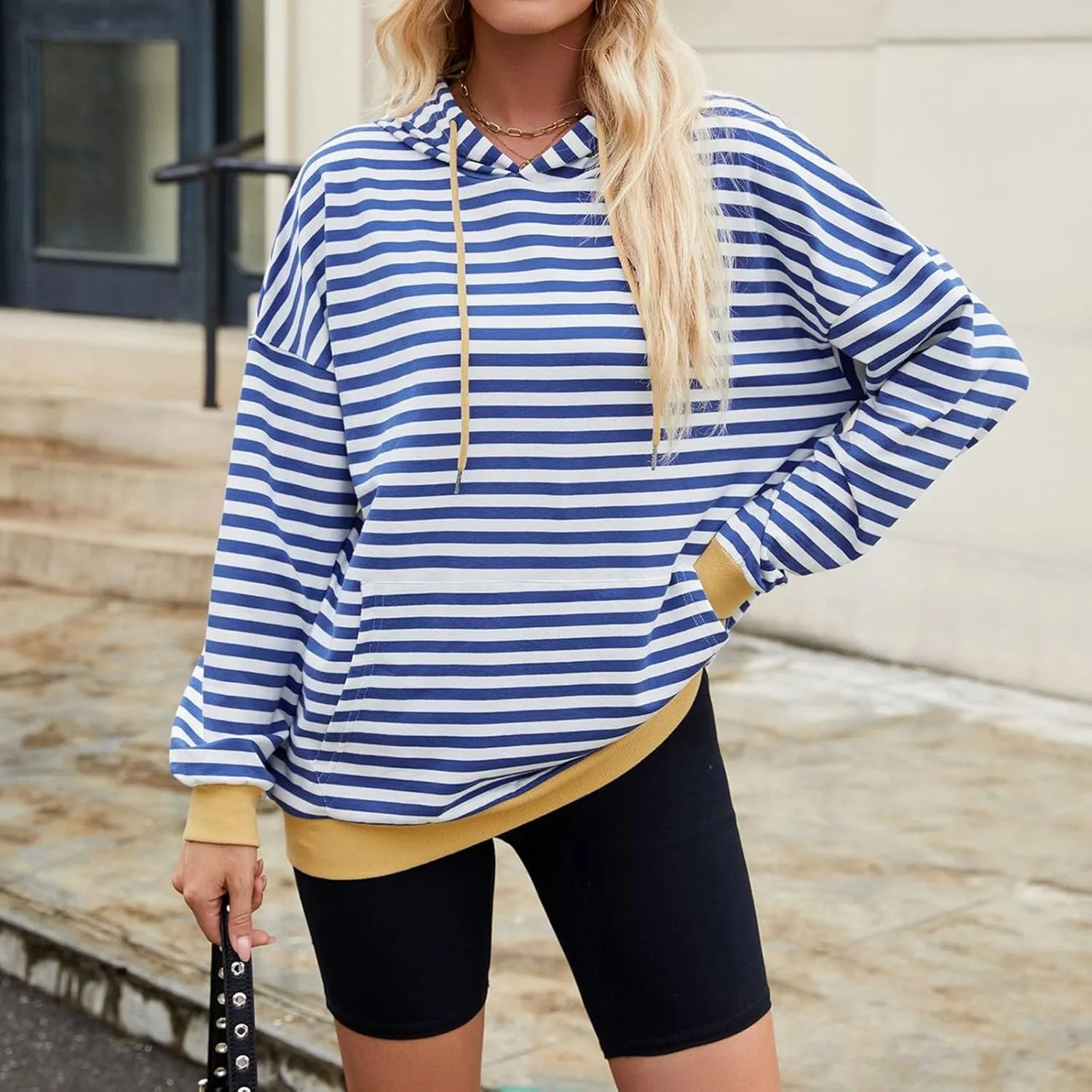 Womens Loose Striped Pullovers 2024 Fall Trendy Oversized Long Sleeve Hooded Sports Sweatshirt Casual Workout Hoodie