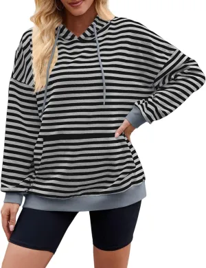 Womens Loose Striped Pullovers 2024 Fall Trendy Oversized Long Sleeve Hooded Sports Sweatshirt Casual Workout Hoodie